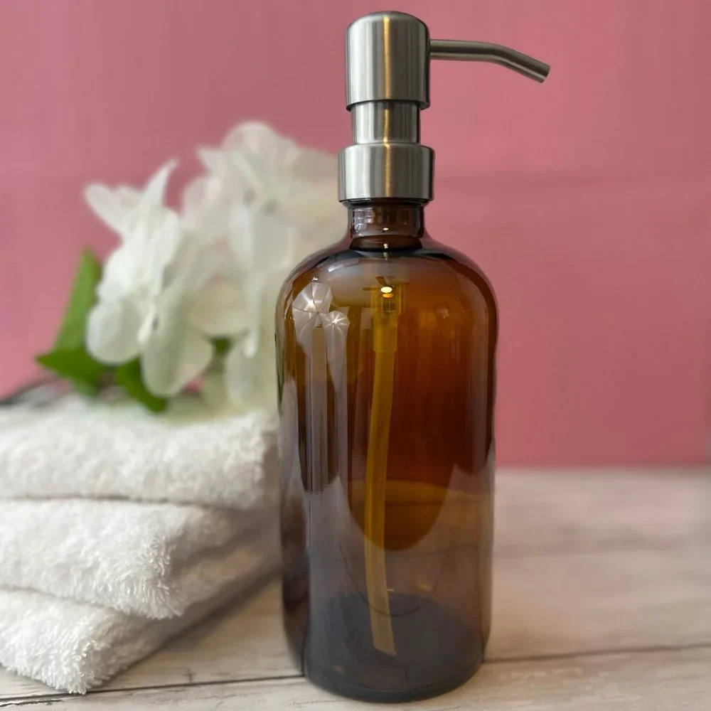 💚SET OF 2: 16 OZ. GLASS SOAP DISPENSERS W/ METAL PUMP (AMBER GLASS/SILVER PUMP)